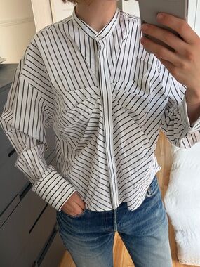 MSGM White and Black Striped Cotton Button-Up Blouse